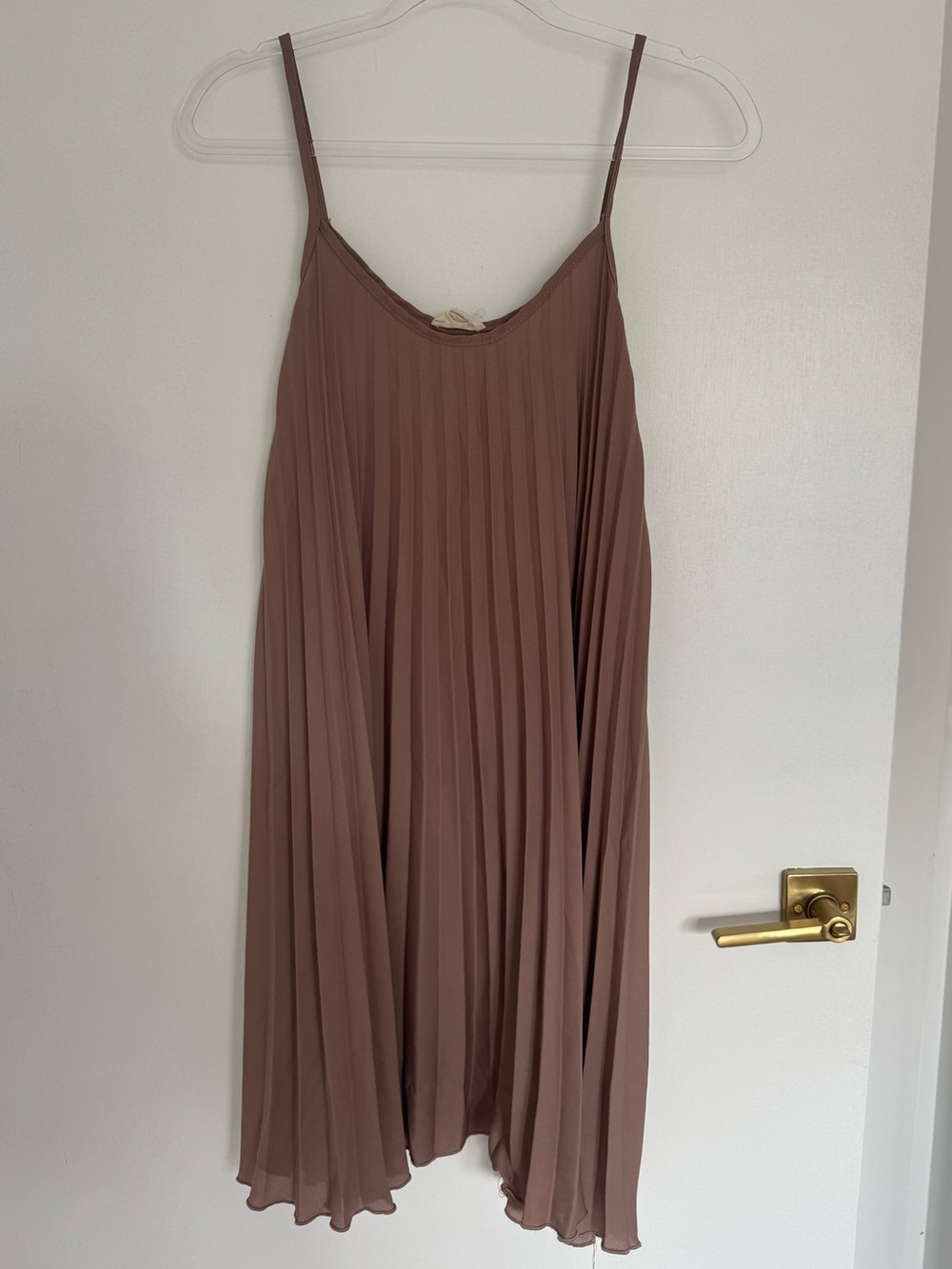 See You Monday Mauve-Brown Pleated Midi Dress with Spaghetti Straps